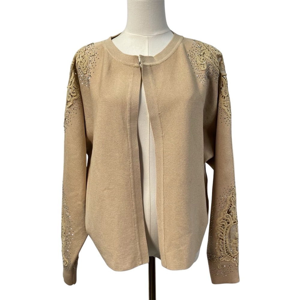 Liv Milano Tan Cardigan cutout floral design sequins Embellished Cardigan Knit L